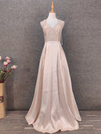 Elegant Pink Halter Neck V-Neck Rhinestone Lace Satin Long Formal Prom Dress