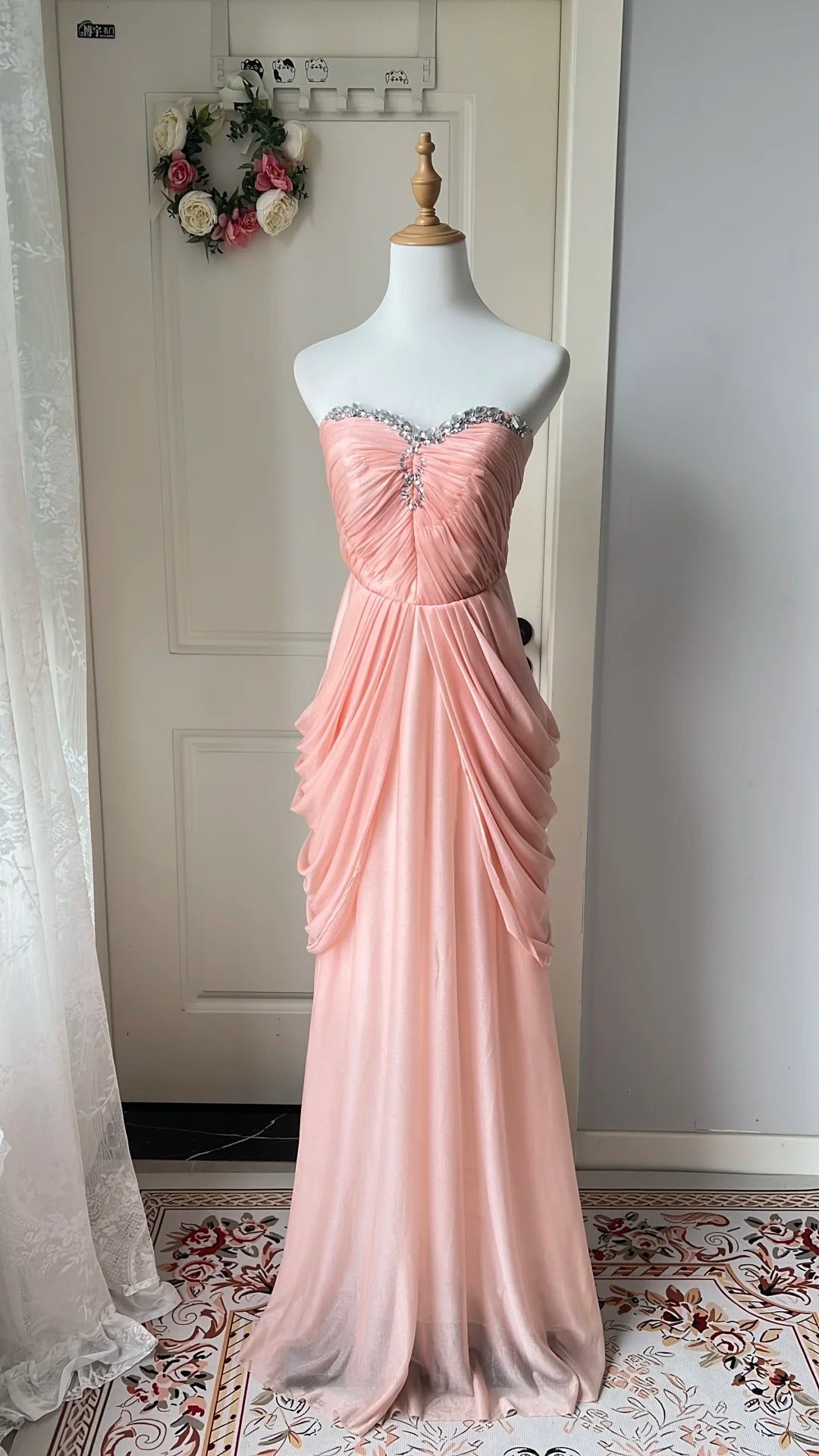 Elegant Pink Heart Neckline Rhinestone Chiffon Long Formal Prom Dress Secondary image