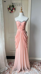 Elegant Pink Heart Neckline Rhinestone Chiffon Long Formal Prom Dress