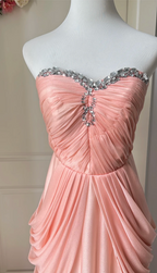 Elegant Pink Heart Neckline Rhinestone Chiffon Long Formal Prom Dress