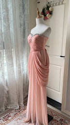 Elegant Pink Heart Neckline Rhinestone Chiffon Long Formal Prom Dress