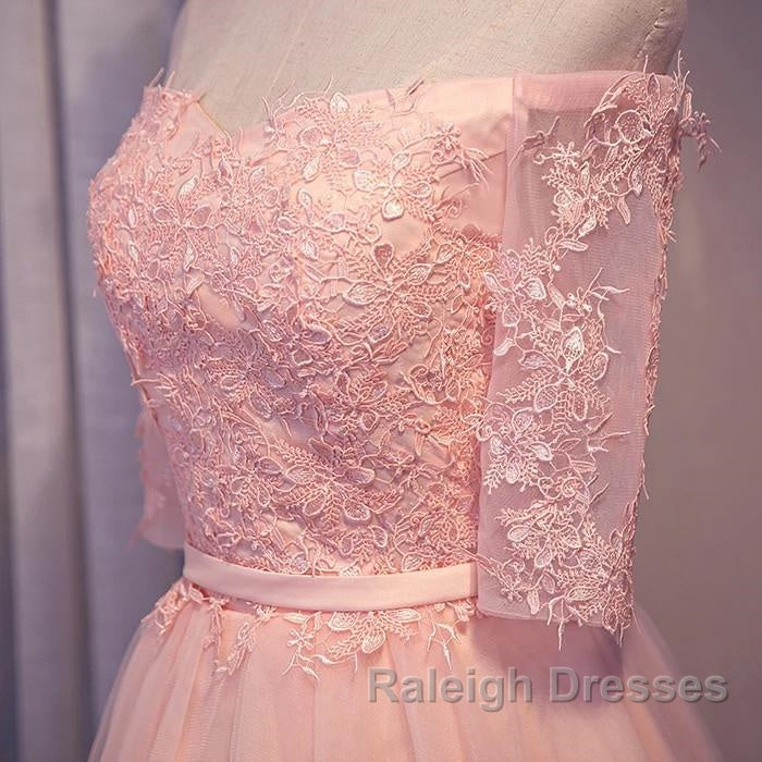 Elegant Pink Lace Appliques Off The Shoulder Tulle Bridesmaid Dresses Short Secondary image