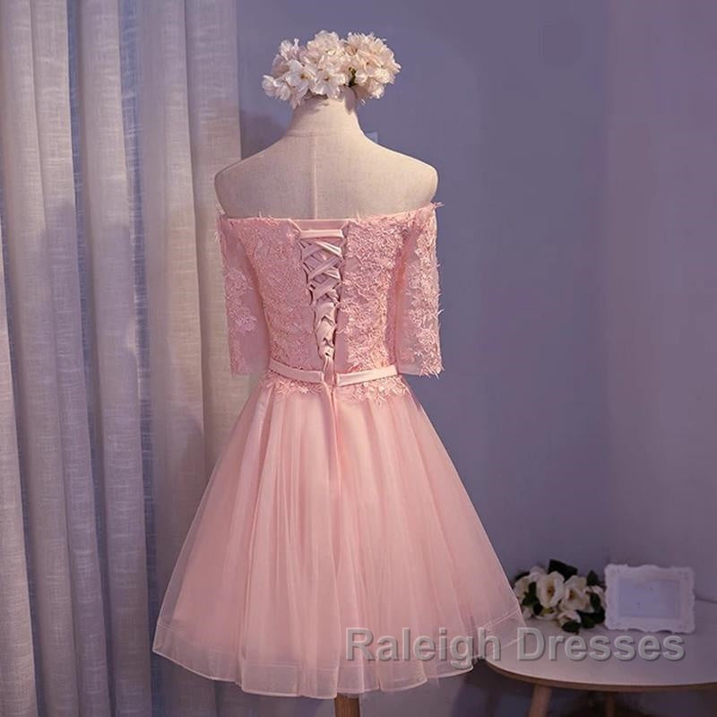 Elegant Pink Lace Appliques Off The Shoulder Tulle Bridesmaid Dresses Short