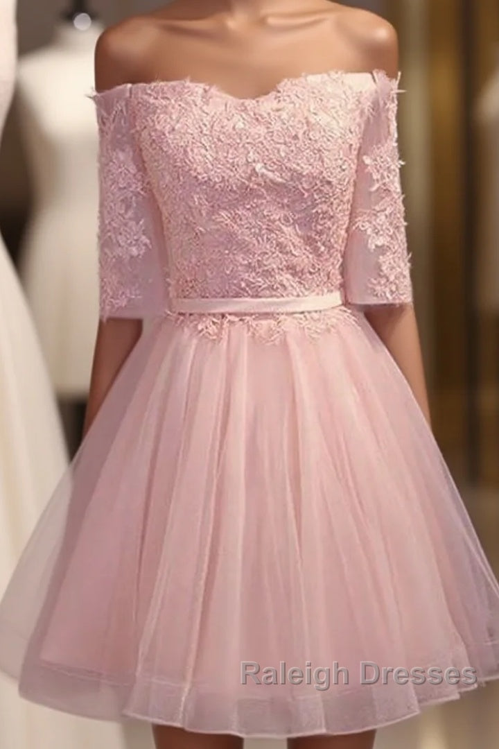 Elegant Pink Lace Appliques Off The Shoulder Tulle Bridesmaid Dresses Short Main image