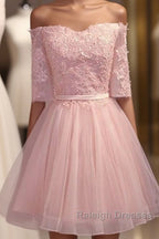 Elegant Pink Lace Appliques Off The Shoulder Tulle Bridesmaid Dresses Short