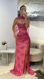 Elegant Pink Lace Mermaid Prom Dress Long Prom Dresses With Slit