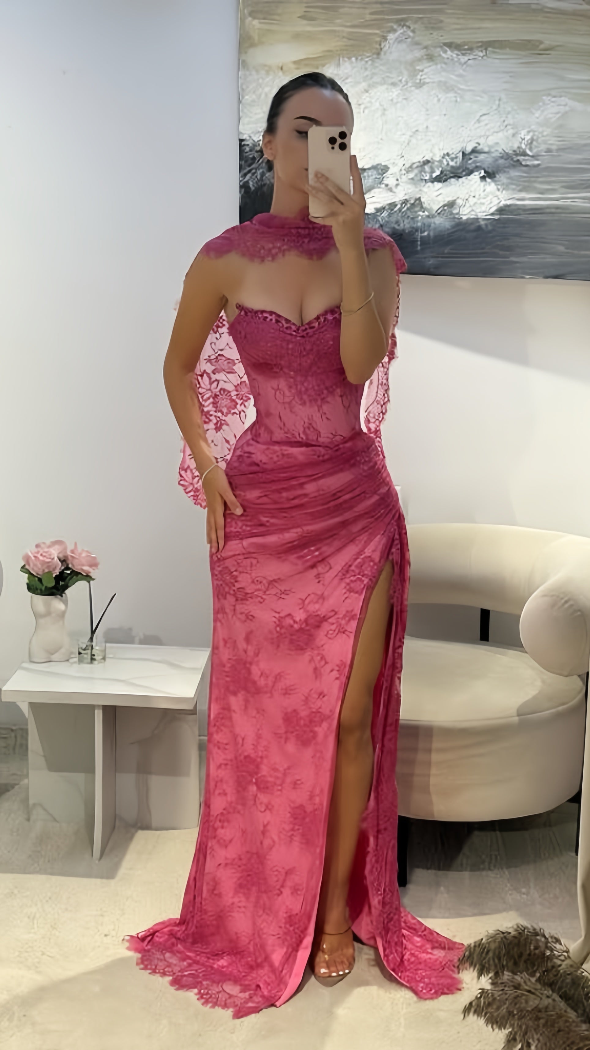Elegant Pink Lace Mermaid Prom Dress Long Prom Dresses With Slit