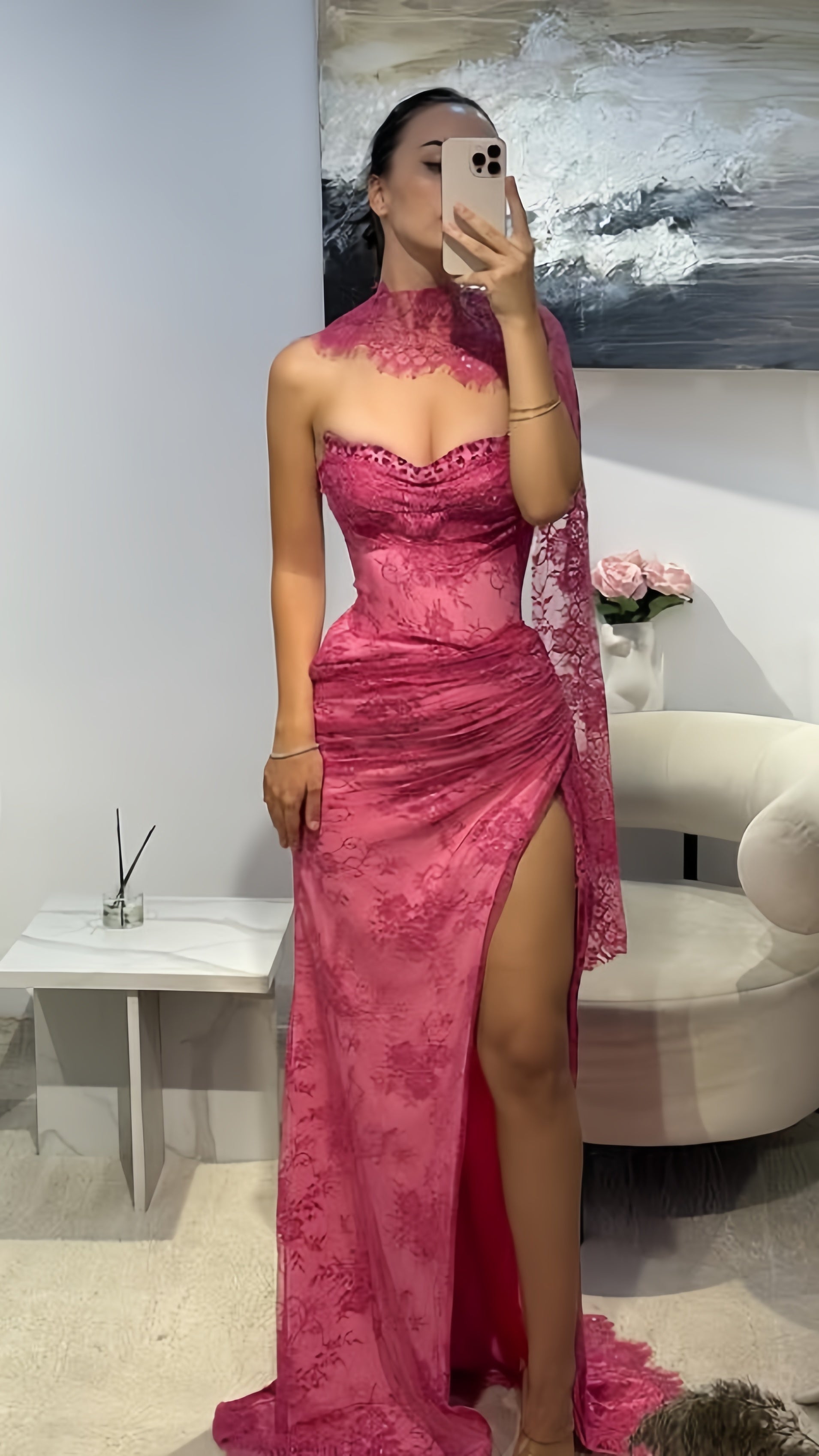 Elegant Pink Lace Mermaid Prom Dress Long Prom Dresses With Slit
