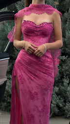 Elegant Pink Lace Mermaid Prom Dresses Long Evening Party Dress With Slit,