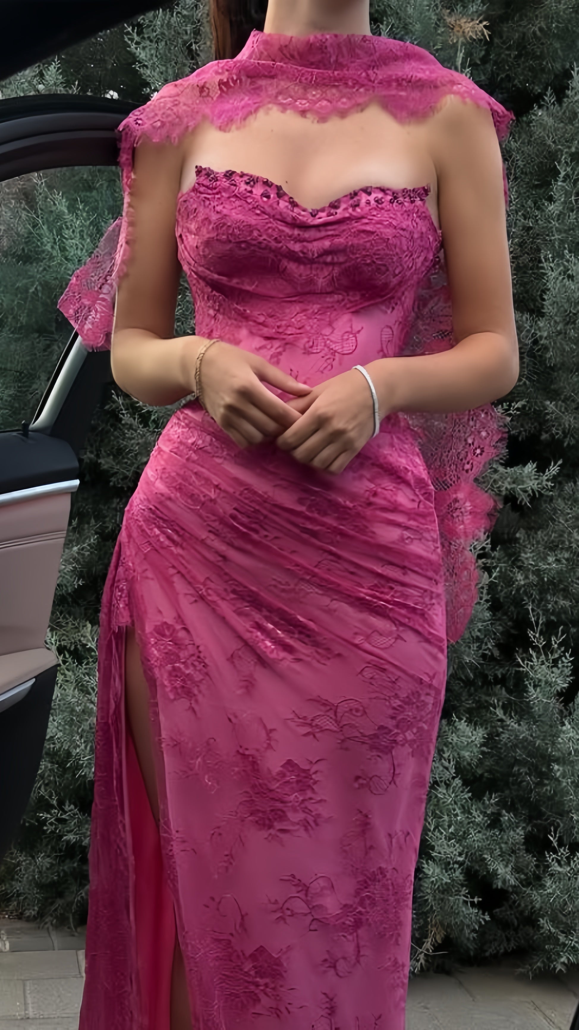 Elegant Pink Lace Mermaid Prom Dresses Long Evening Party Dress With Slit,