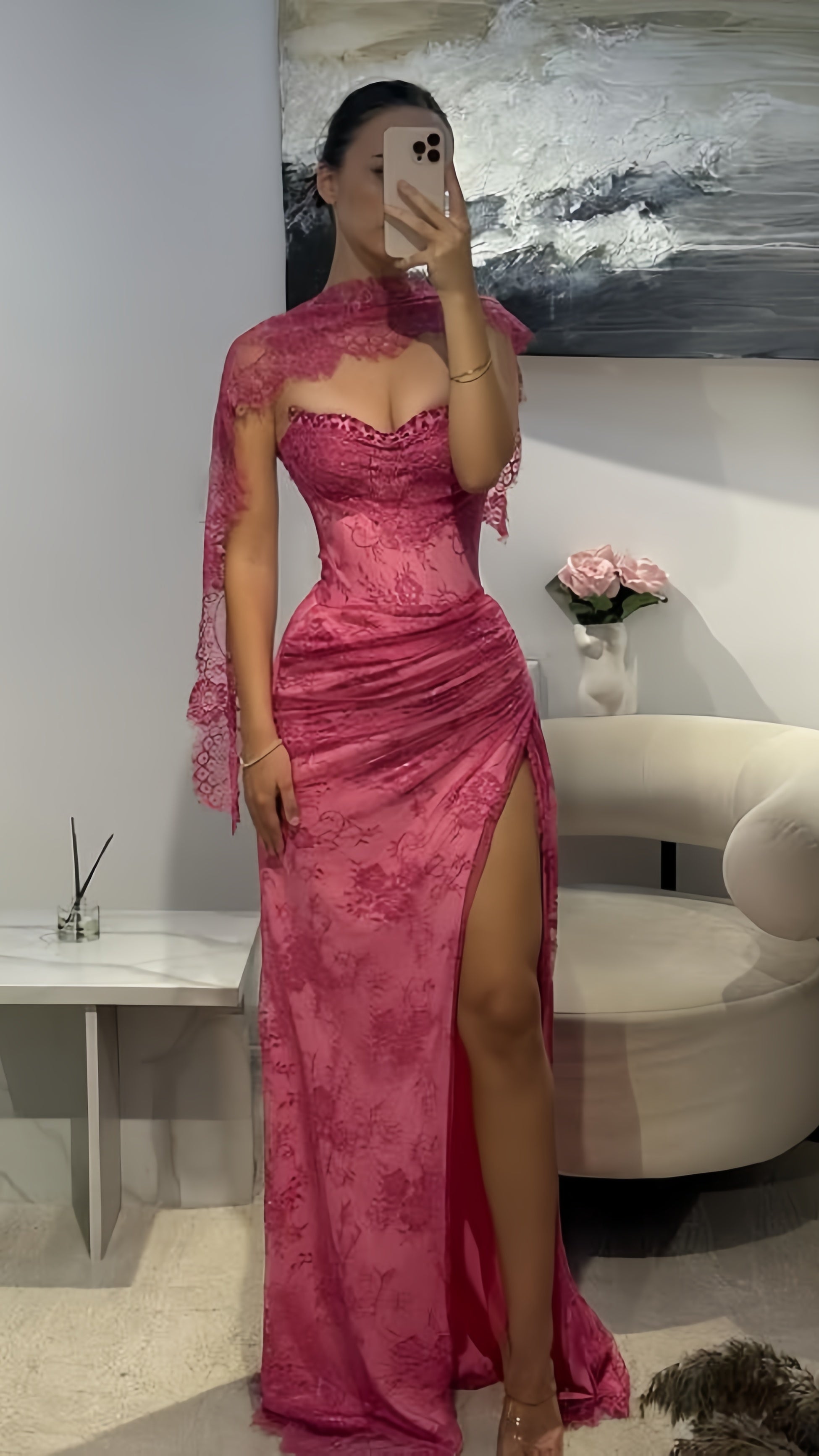 Elegant Pink Lace Mermaid Prom Dresses Long Evening Party Dress With Slit,