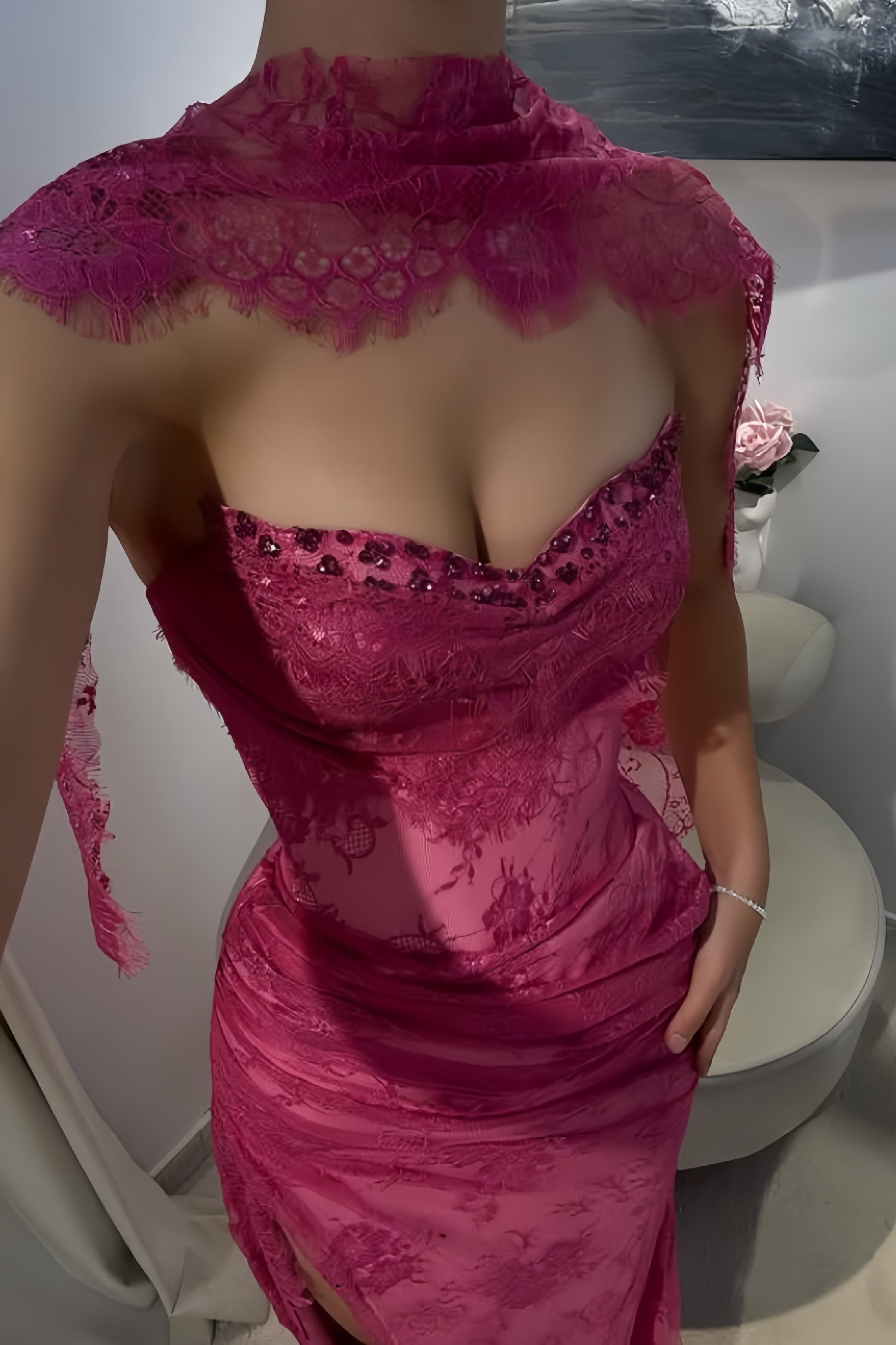 Elegant Pink Lace Mermaid Prom Dresses Long Evening Party Dress With Slit,