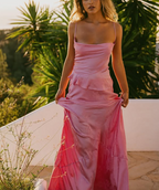 Pink Fashion Lazy Spaghetti Straps Elegant Long Satin Two Piece Prom Dress Evening Dress Party Dress Wedding Holiday Birthday Party Dress