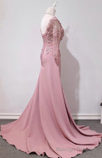 Elegant Pink Long Sleeves Lace Applique Long Prom Dress, Pink Prom Dress