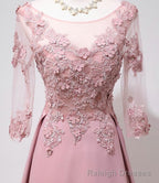 Elegant Pink Long Sleeves Lace Applique Long Party Dress, Pink Prom Dress