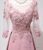 Elegant Pink Long Sleeves Lace Applique Long Prom Dress, Pink Prom Dress