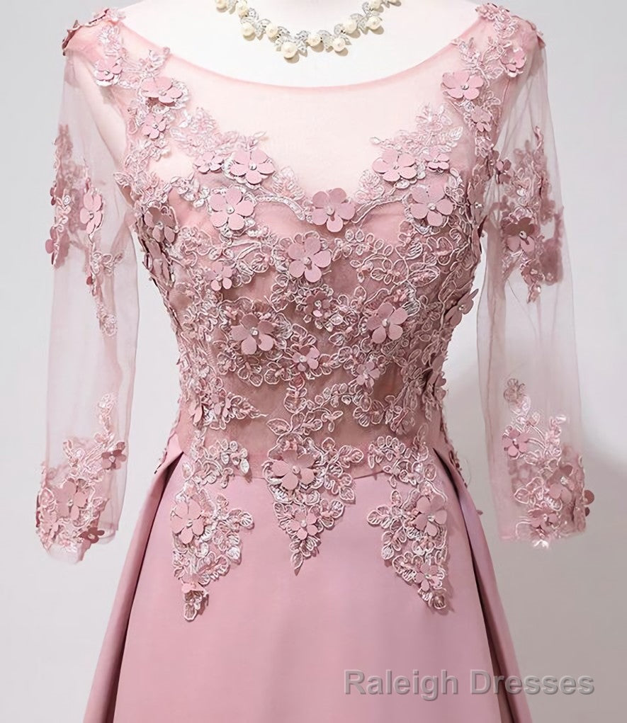 Elegant Pink Long Sleeves Lace Applique Long Prom Dress, Pink Prom Dress