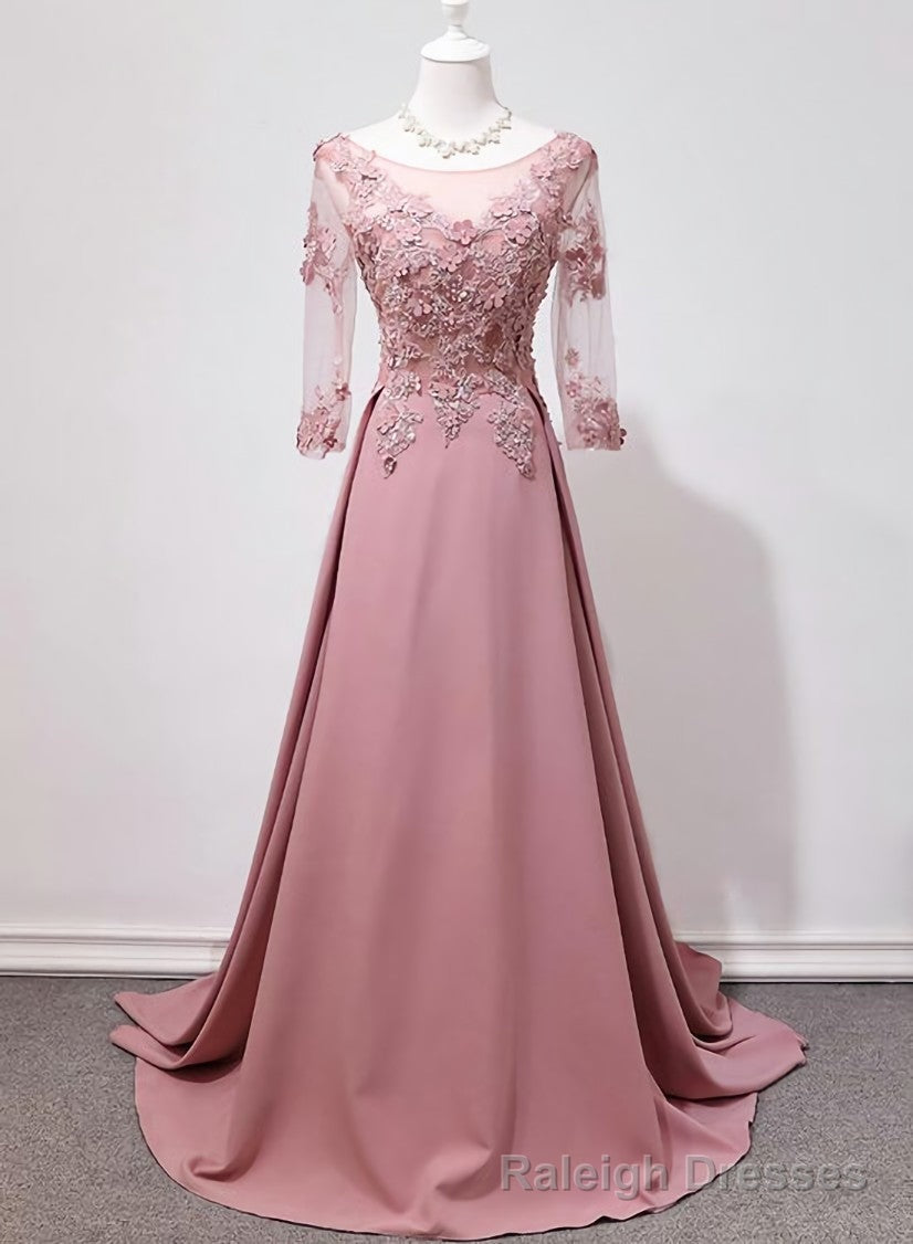 Elegant Pink Long Sleeves Lace Applique Long Prom Dress, Pink Prom Dress
