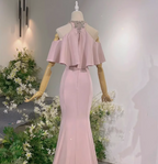 Elegant Pink Mermaid Halter Neck Ruffled Satin Train Formal Prom Dress