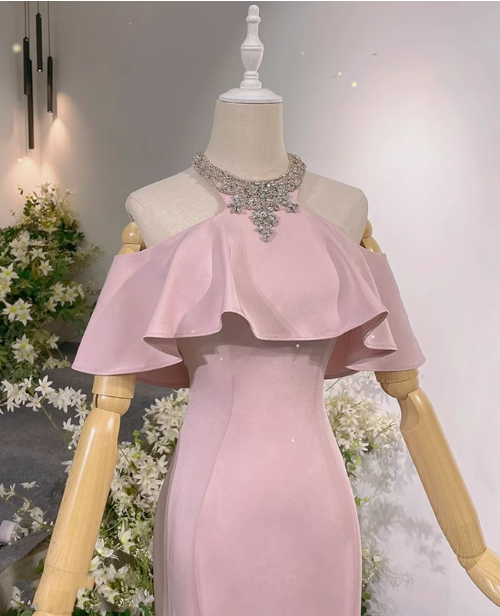 Elegant Pink Mermaid Halter Neck Ruffled Satin Train Formal Prom Dress