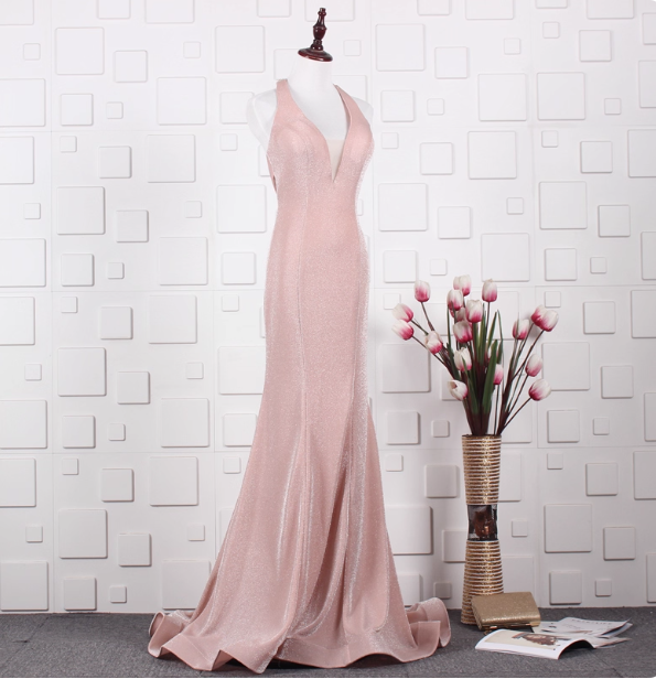 Elegant Pink Mermaid Halter V-Neck Satin Train Formal Prom Dress