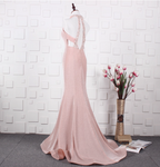 Elegant Pink Mermaid Halter V-Neck Satin Train Formal Prom Dress