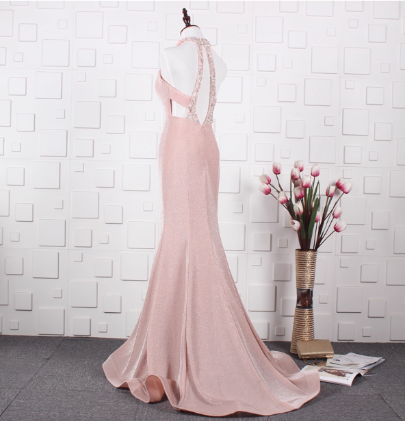 Elegant Pink Mermaid Halter V-Neck Satin Train Formal Prom Dress