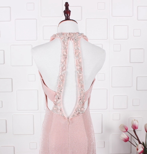 Elegant Pink Mermaid Halter V-Neck Satin Train Formal Prom Dress