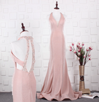 Elegant Pink Mermaid Halter V-Neck Satin Train Formal Prom Dress