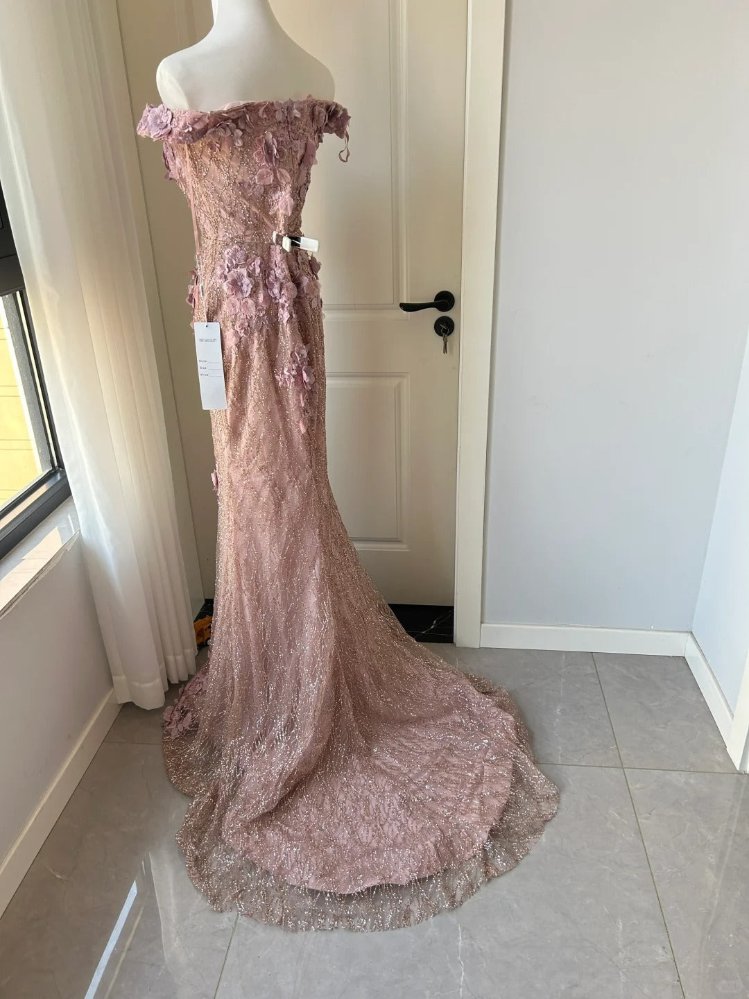 Elegant Pink Mermaid Off-Shoulder 3D Floral Sequined Formal Prom Dress