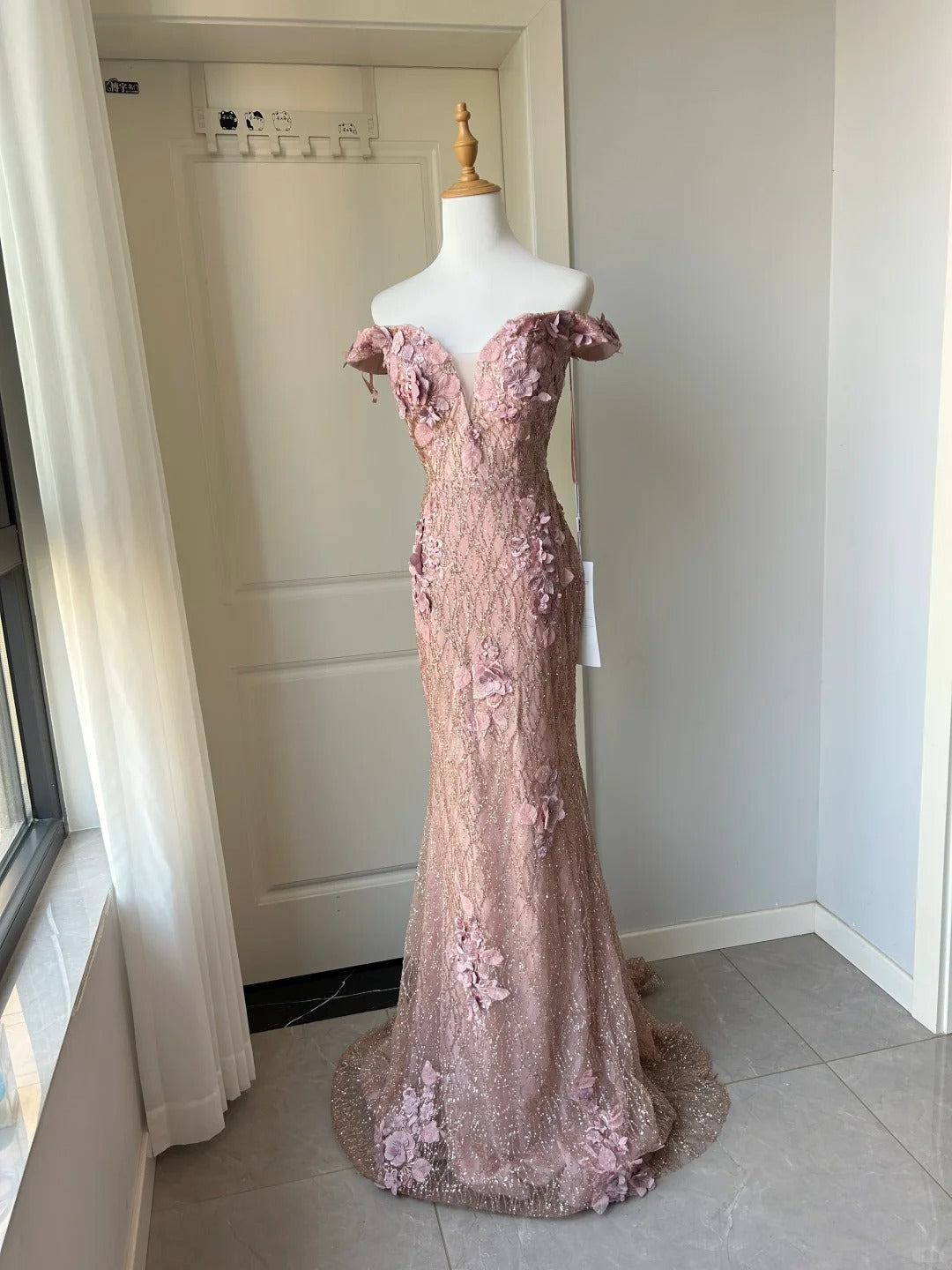 Elegant Pink Mermaid Off-Shoulder 3D Floral Sequined Formal Prom Dress Main image