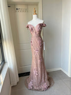 Elegant Pink Mermaid Off-Shoulder 3D Floral Sequined Formal Prom Dress