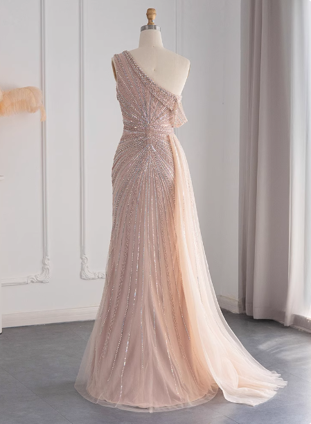 Elegant Pink Mermaid One-Shoulder Beaded Tulle Slit Train Formal Prom Dress Secondary image