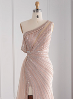 Elegant Pink Mermaid One-Shoulder Beaded Tulle Slit Train Formal Prom Dress