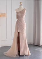 Elegant Pink Mermaid One-Shoulder Beaded Tulle Slit Train Formal Prom Dress