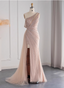 Elegant Pink Mermaid One-Shoulder Beaded Tulle Slit Train Formal Prom Dress