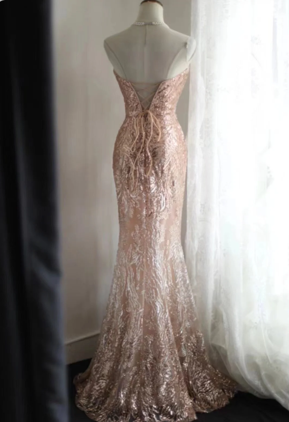 Elegant Pink Mermaid Sequined Formal Prom Dress