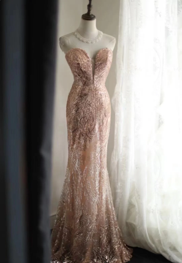 Elegant Pink Mermaid Sequined Formal Prom Dress