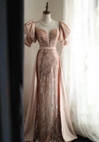 Elegant Pink Mermaid Sequined Formal Prom Dress