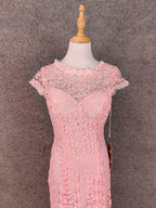 Elegant Pink Mermaid Short Sleeve Crew Neck Cutout Lace Long Formal Prom Dress