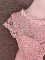 Elegant Pink Mermaid Short Sleeve Crew Neck Cutout Lace Long Formal Prom Dress