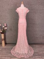 Elegant Pink Mermaid Short Sleeve Crew Neck Cutout Lace Long Formal Prom Dress