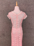 Elegant Pink Mermaid Short Sleeve Crew Neck Cutout Lace Long Formal Prom Dress