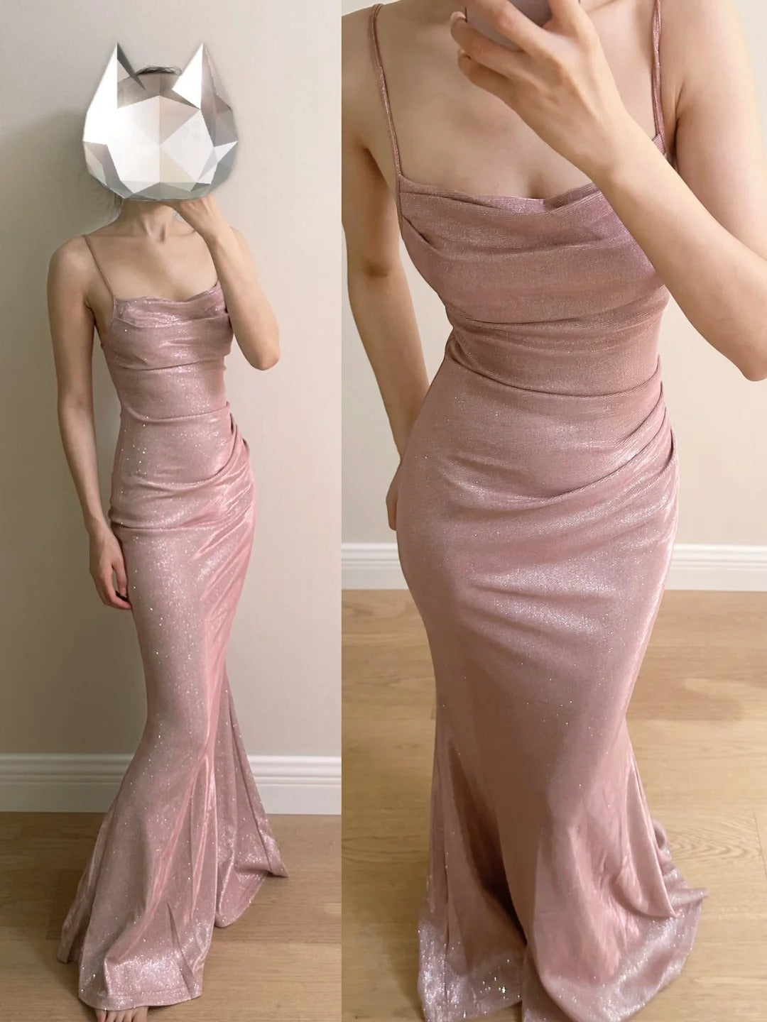 Elegant Pink Mermaid Spaghetti Strap Glittery Long Formal Prom Dress Bridesmaid Dress Secondary image