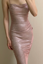 Elegant Pink Mermaid Spaghetti Strap Glittery Long Formal Prom Dress Bridesmaid Dress