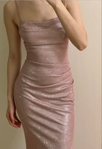 Elegant Pink Mermaid Spaghetti Strap Glittery Long Formal Prom Dress Bridesmaid Dress