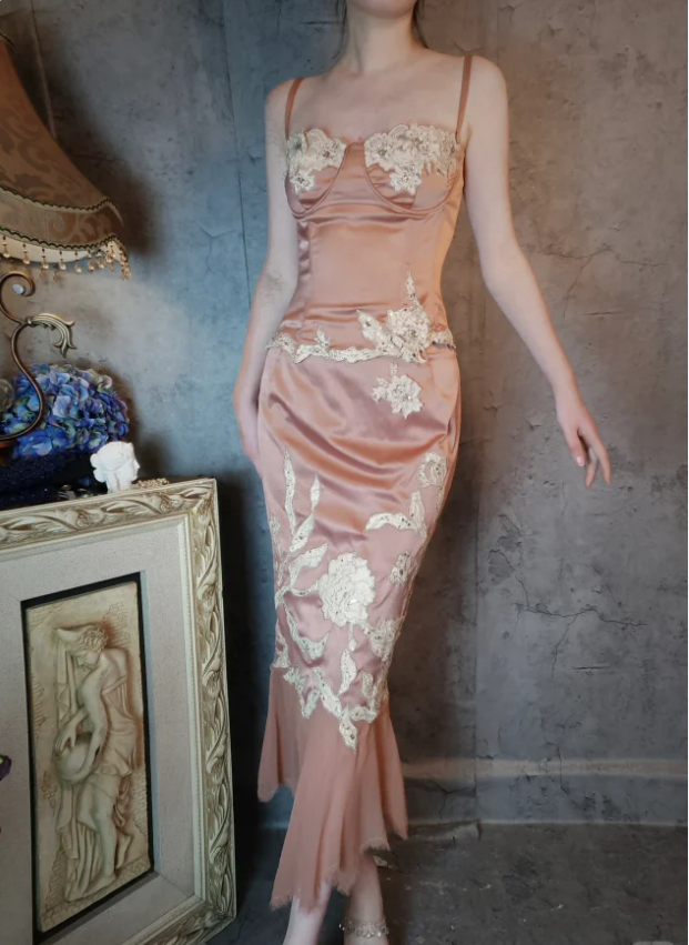 Elegant Pink Mermaid Spaghetti Strap Lace Embroidered Satin Formal Prom Dress Secondary image