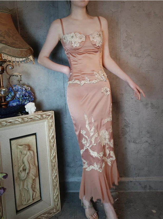 Elegant Pink Mermaid Spaghetti Strap Lace Embroidered Satin Formal Prom Dress