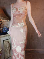 Elegant Pink Mermaid Spaghetti Strap Lace Embroidered Satin Formal Prom Dress
