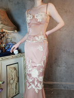 Elegant Pink Mermaid Spaghetti Strap Lace Embroidered Satin Formal Prom Dress